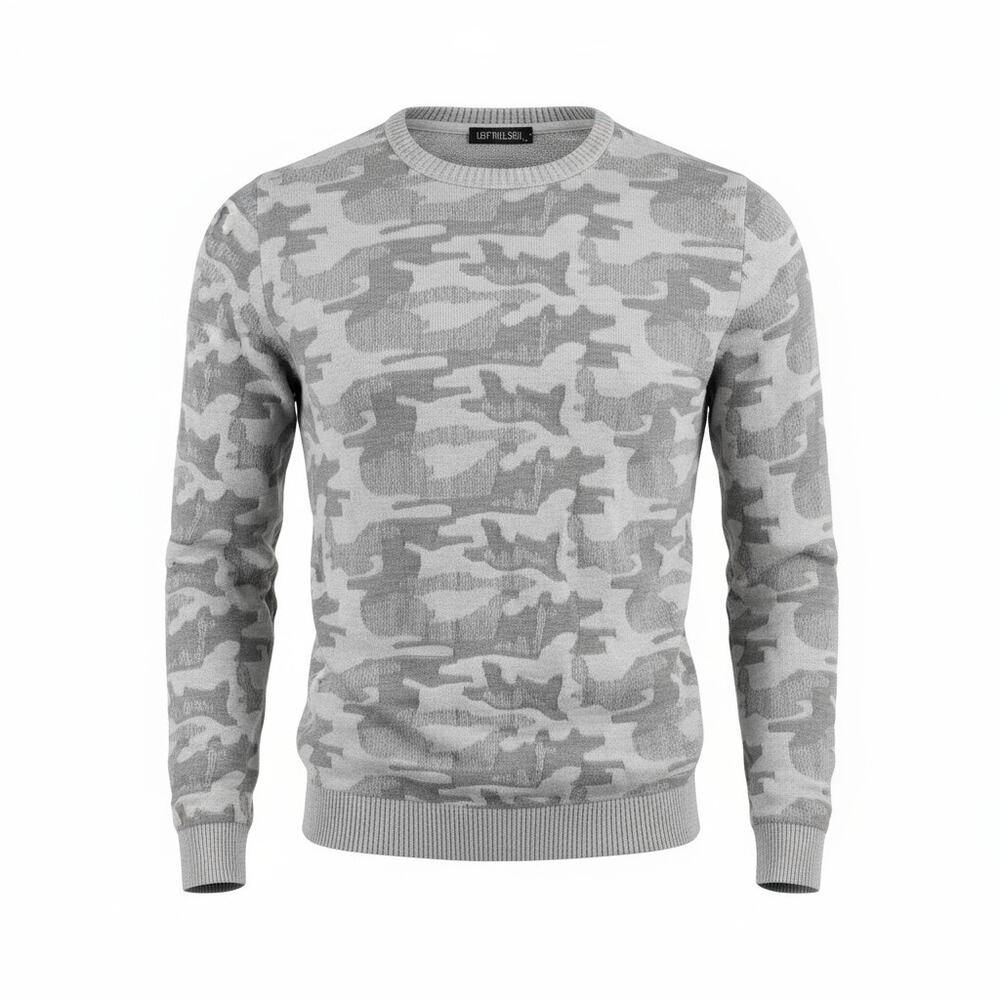 Leif Nelson Crewneck Sweater Camo Print Textured Knit Grey Mens XL